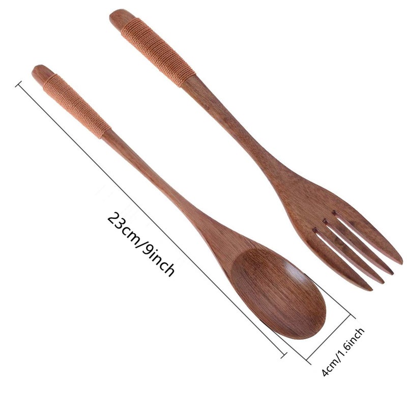 XMHF Wooden 9 inch Japanese Spoon Fork Set Kitchen Tableware Dinnerware Flatware Natural Wood Cutlery Wooden Dinner Utensil Set, 3 Spoons and 3 Forks (Brown Tied Line) - Image 2